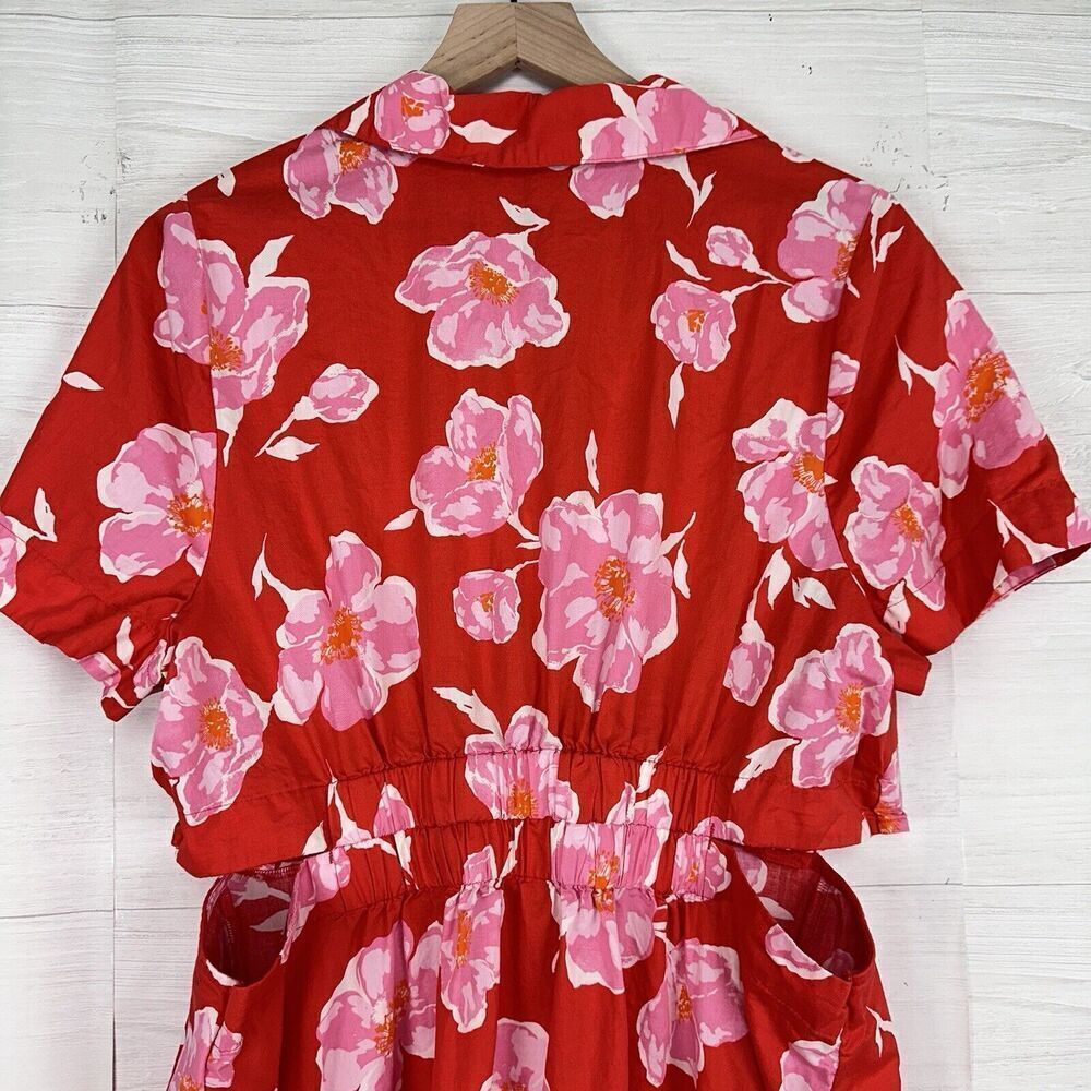Old Navy Cutout Midi Shirt‎ Dress Women XL Red Floral Short Sleeve Button Collar - Picture 8 of 15